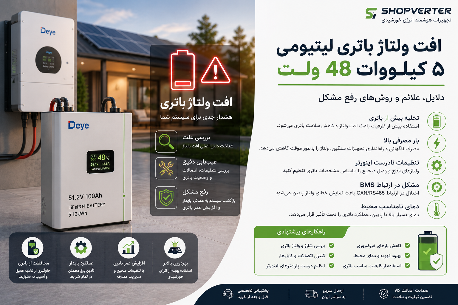 افت ولتاژ باتری لیتیومی  ۴۸ ولت؛ دلایل، علائم و روش‌های رفع مشکل