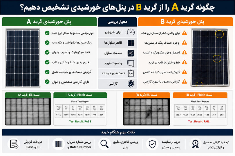 تفاوت پنل خورشیدی Grade A و Grade B چیست؟ راهنمای جامع تشخیص کیفیت واقعی
